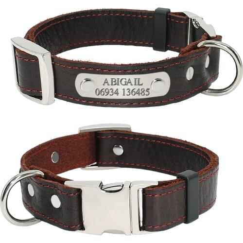 Customized Dog Collars Genuine Leather Dog Puppy Nameplate Collar Adjustable Free Engraved Pet ID Tags For Small Medium Dogs