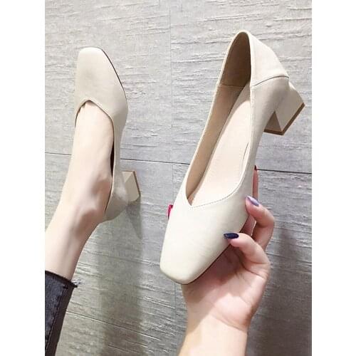 Pumps Womens Ins Trendy Shoes 2021 New Square Toe Chunky Heel Soft Leather Womens Shoes Mid Heel Wanwan Style Shoes