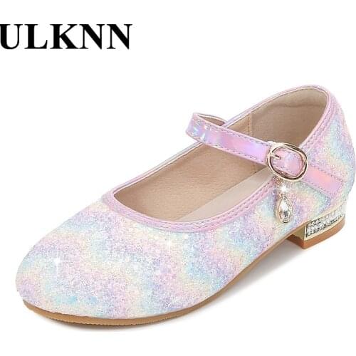ULKNN 2021 New High Heel Shoes For girls Children Baby Sandals Wedding Party Princess Shoes Pink Blue Anti Slip Size25-38