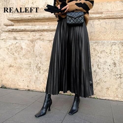 REALEFT Autumn Winter Black PU-leather Pleated Skirt New 2020 Women High Waist Fashionable All-match A-Line mi-long Skirt Female