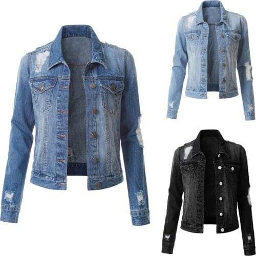 Womail Coat Ladies Casual Solid Color Hole Long Sleeve Slim Single Breasted Denim Jacket Denim Jacket Autumn And Winter 2020