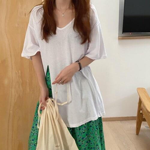 2020 Women Summer Oversized Tee Split Hem White V Neck T-shirt Half Sleeve Loose Tshirt Pullover Top