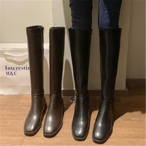 2021 New Leather Women Knee High Boots Square Toe Zip Footwear Low Heels Female Riding Boot Woman Long Boots