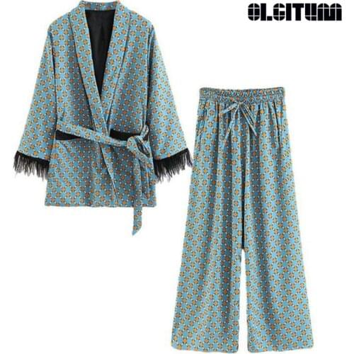 Toppies 2020 Blue Dot Printed Tassel Ties Kimono Jacket With Feather Sleeves Wide Leg Loose Cuasal Women Vintage Clothing Suits