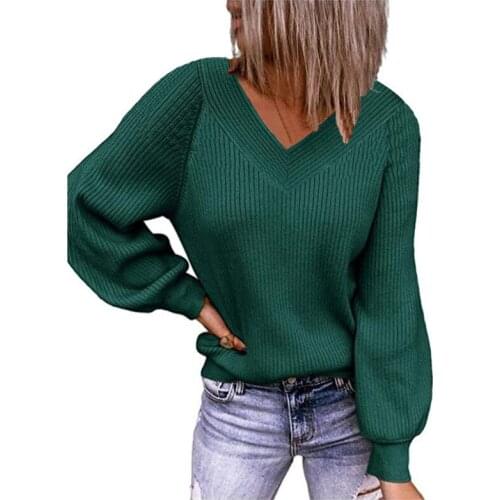 2021 New Oversized Loose Green Knit Sweater Women Casual V-Neck Lantern Long Sleeve Pullover Tops Fashion Street Autumn Sweaters