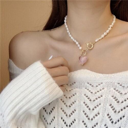 Real baroque pearl choker necklace with pink heart pendant vintage blue green crystal heart clavicle necklace for women summer