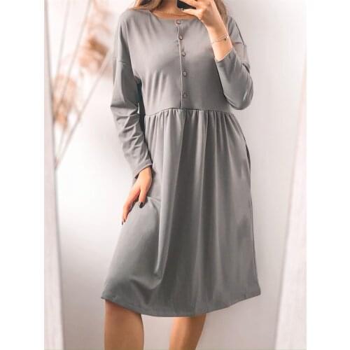 Women New Casual Mid-Calf Dress Solid O-neck Long Sleeve Buttons Loose A-line Soft Streetwear Elegant Vintage Party Dress Autumn