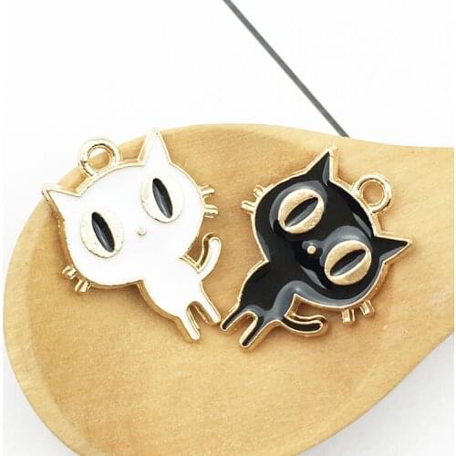 Hot 10pcs Fashion Charm Enamels White Black Alloy Cat Pendant DIY Earrings Hair Bracelet Necklace Charms Accessories 2019 New