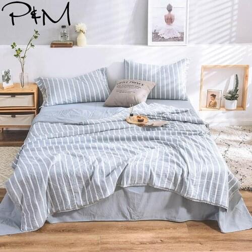 2019 Nordic Light Blue Grey Stripes Bedding Set Wash Microfiber Polyester 4pcs Summer Quilt Bedlinens Bedsheet Pillowcases