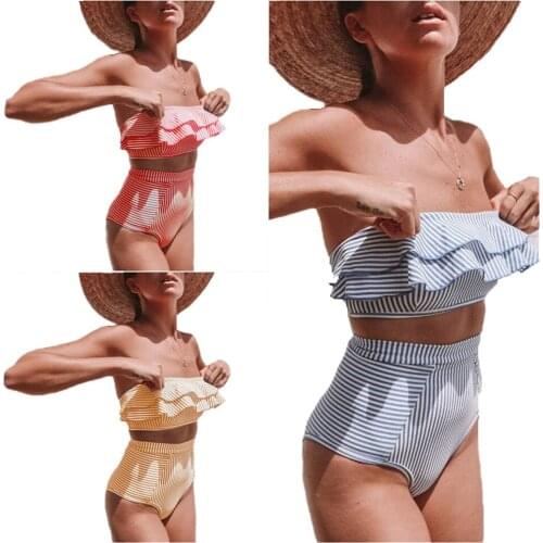 2020 FWMS Sexy Stripe Bikins Sets for Women High Waist Bathing Suit Push Up Ruffles Padded Swimwear Summer Maillot De Bain