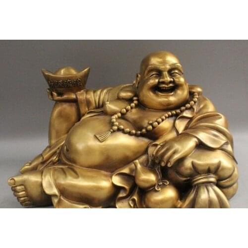 8"Chinese Fengshui Copper Happy Laugh Maitreya Buddha With Money Statue