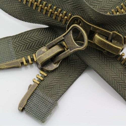 8# copper metal zipper double sliders for jacket coat zip repair two heads 70 80 90 100 120cm 1piece black olive tape