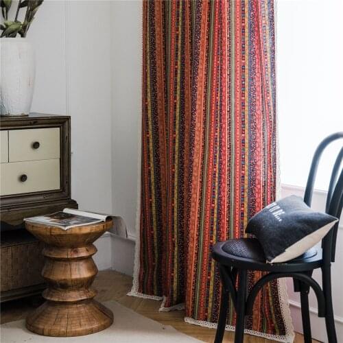Bohemian Striped Printing Orange Cotton Linen Art Kitchen Half Shaded Curtains