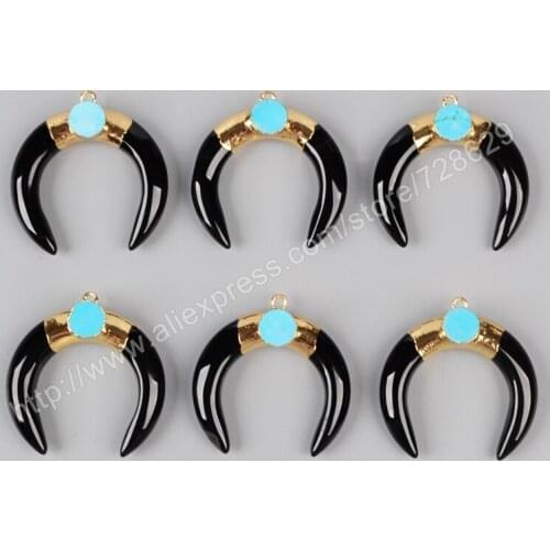 BOROSA 5Pcs/lot New Arrival Gold Color Black Crystal Crescent Double Horn Charms With 8mm Blue Stone G0938