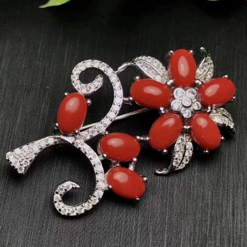 Natural red coral gem brooch natural gemstone Luxury flowers Grape bunches brooch S925 silver women wedding gift party jewelry