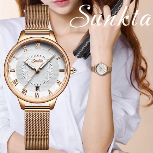 SUNKTA Womens Watch Top Brand Luxury Casual Fashion Watch Women Ultra-thin Waterproof Ladies Watch + Gift Bracelet Reloj Mujer
