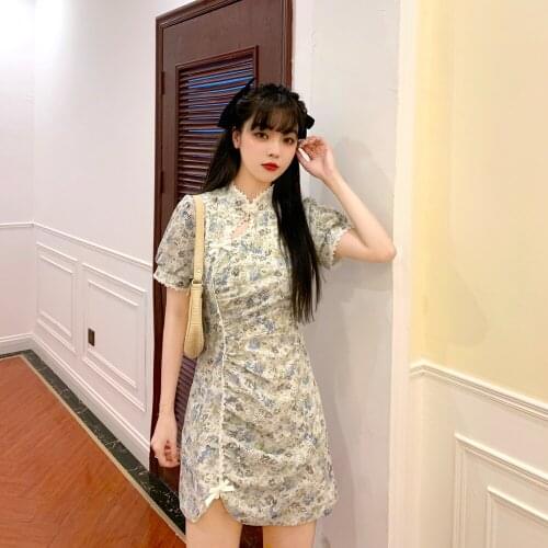 Blue Cheongsam Large French Retro DressSummer New Fat Sister Chinese Style Womens Dress Floral Cheongsam Lace Girls Skirt