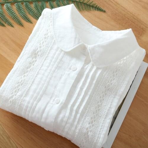 Lamtrip Unique Mirror Lace Stitch Pleated Peter Pan Collar Long Sleeve Cotton Yarn Shirt Blouse Mori Retro 2021 Autumn Winter