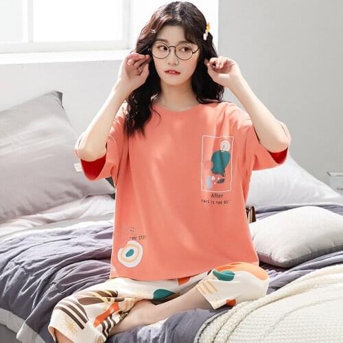 Summer Pajamas Set Kawaii Colorful Graffiti Print Short Sleeve Cotton Sleepwear M-5XL Plus Size Loungewear Casual Mujer Homewear
