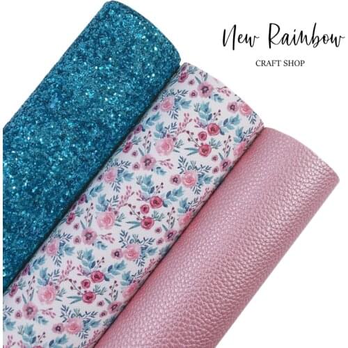 New Rainbow A4 Sheets Turquoise & Pearl Pink Flower Leatherette Chunky Glitter Fabric For DIY Crafts, Earrings, Bows, Babyshoes