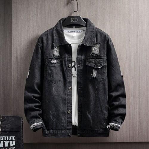 2021 Grey Black Jeans Jacket Men Slim Streetwear Ripped Denim Jacket Hoodie Men Hip Hop Bomber Jacket Homme Autumn