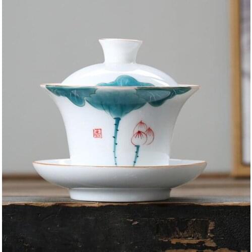 175ml Gaiwan Ceramic Tea Bowl Lid Saucer Set Lotus Teapot Master Cup Exquisite Tea Tureen Kung Fu Tea Teaware Drinkware As Gift