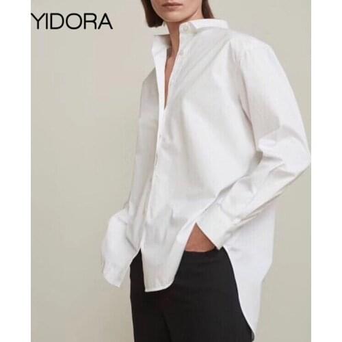 New White Cotton Long Sleeve Capri Blouse Shirt - Women/Ladies 2018 Stylish Shirt Top Front Button Closure & Asymmetrical Hem