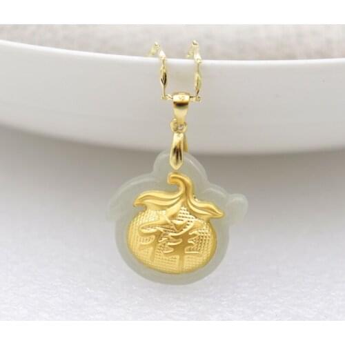 Beautiful Natural Hetian Jade Necklace Men Women 24K Gold Inlaid Chinese Xiang Money Bag Lucky Pendant + Chain Fine Jewelry