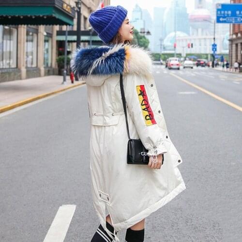 New Raccoon Fur Collar Down Coat Women Winter Warm Hooded Down Parka Jacket Women White Duck Down Jacket Coat Lady Down Overcoat