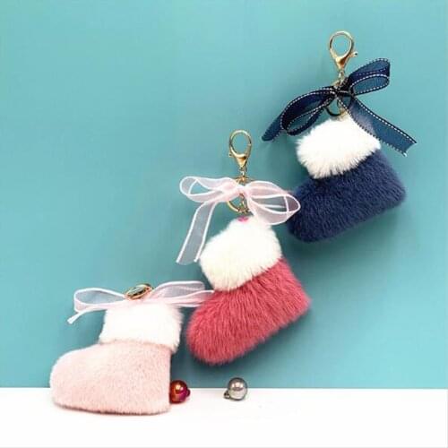 Christmas Boots Keychain Cute Bow Bag Pendant Cartoon Plush Car Key Chain Ring Gift Accessories