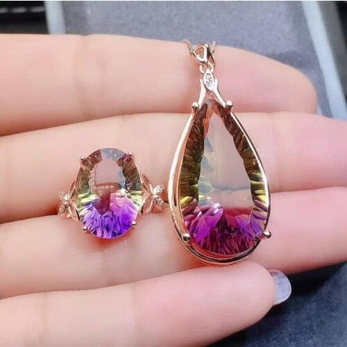 The Best Wedding Gift Natural And Real Ametrine Set 925 sterling silver Fine jewelry 1pc ring,1pc Pendant