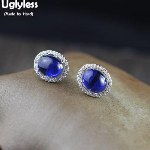 Uglyless 10X8MM MINI Delicate Women Evening Dress Gemstone Studs Earrings Oval Chalcedony Earrings Real 925 Silver Jewelry E1590