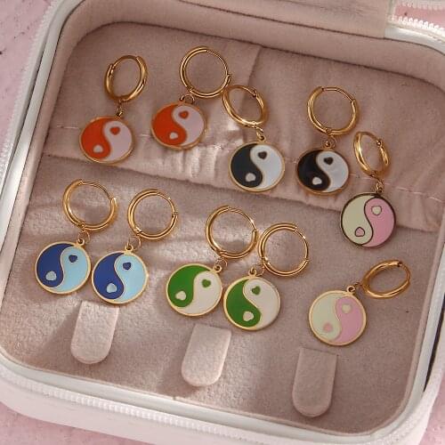 2021 New Enamel Colorful Circle Yingyang Charm Y2K Earrings 18K Gold Plated Stainless Steel Small Huggies With Pendant