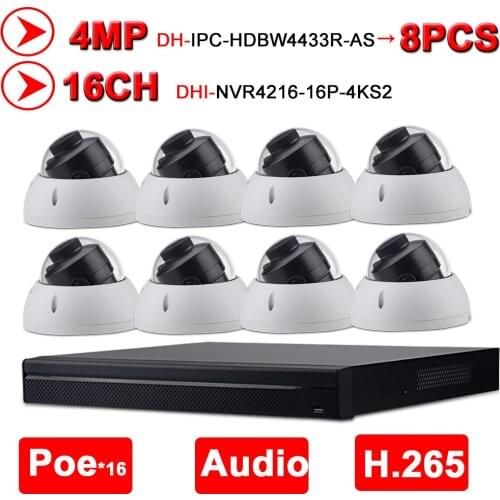 Dahua Security CCTV Camera Kit 16POE 4K NVR4216-16P-4KS2 8pcs IP Camera IPC-HDBW4433R-AS 4MP 16+8 Surveillance System Nvr Poe