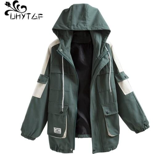 UHYTGF Spring autumn New Women clothes 2019 trench coat for women plus size Long sleeve Hooded Korean Spliced trench coats X128