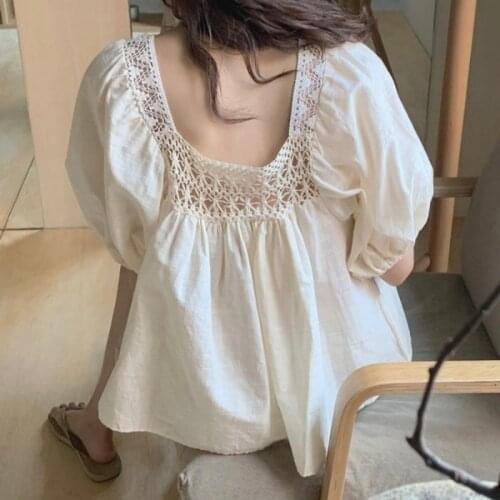Sweet Style Backless Women Blouse Summer New Design 2021 Lace Hollow Out Puff Sleeved Loose Elegant Female Pulls Tops