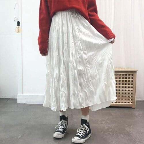 Long Skirt Plus Size Satin Midi Skirt Streetwear 2021 Summer Solid White Black Gothic Pleated Skirts Womens Harajuku High Waist