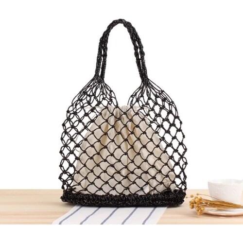 Ladies Summer Buckle Portable Net Crochet Bag Handmade Straw Woven Bag Cotton Rope Woven Beach Vacation Bag