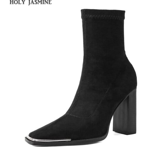 Stretch Flock Boots Women Sock Ankle Boot Female Square Toe Thick Heels Shoes Ladies Fashion Suede Boots Spring Autumn 2020 NEW