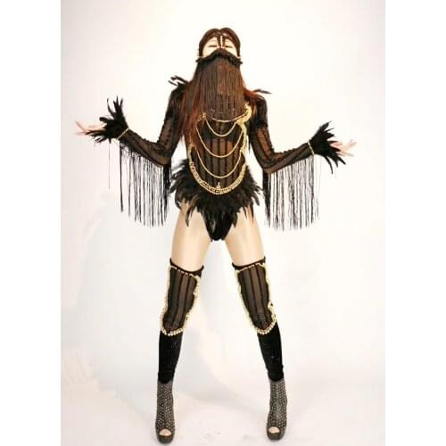 2020 Women New Black Sexy Tassel Feathers Jumpsuit Crystals Bodysuit Bling Clothing Nightclub Party Singer Performance Costume