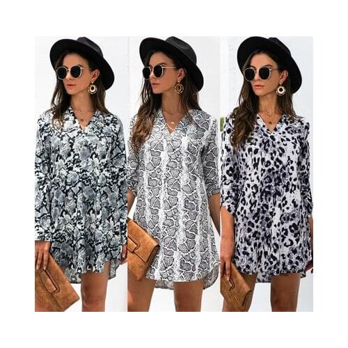 Women Autumn Casual Sundress Shirt Dress Boho V Neck Irregular Loose Sexy Dress Midi Long Sleeve Leopard Print Beach Dresses Hot