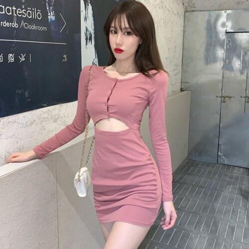 Women Hollow Button Sexy Dress Slim O Neck Long Sleeve Pleated Dress Fashion High Waist Dresses