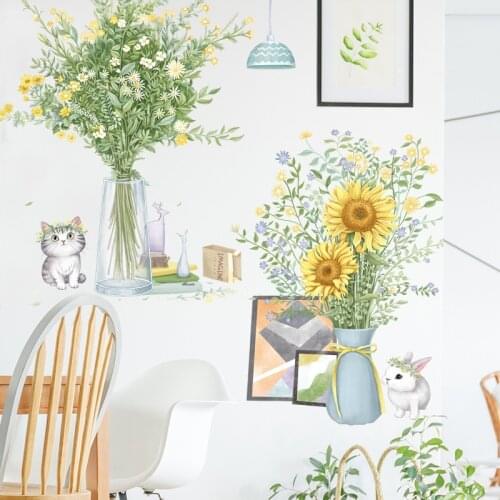 BRUP Watercolor Vase Flowers Plants Wall Stickers Cute Cat Bunny Living Room Wall Decals Home Decorative Stickers Bedroom Mural