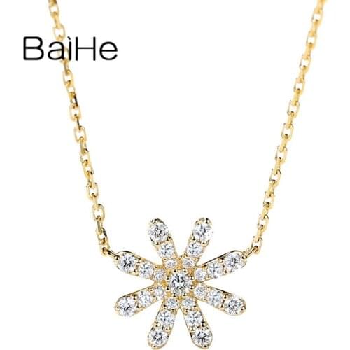 BAIHE Solid 18K White/Yellow/Rose Gold 0.28ct Round Natural Diamond Wedding Gift Fine Jewelry Simple flower Diamond Necklace