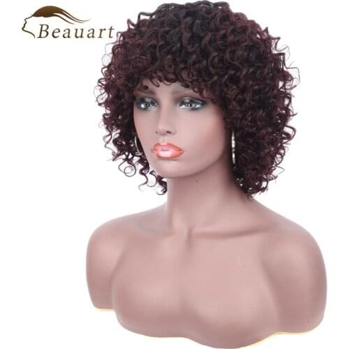 Beauart Afro Curly Human Hair Full Wigs 12"Short Natural Curls Wig With Hair Bangs For Black Women Bob Cut None Lace Front Wigs