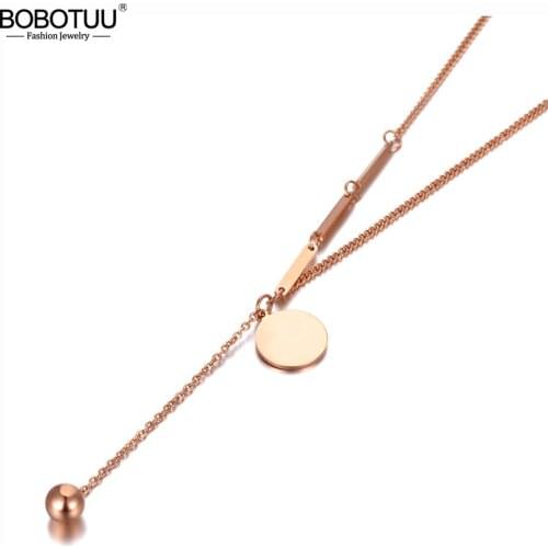 BOBOTUU Fashion Bohemia Titanium Stainless Steel Round Tag Chain Choker Necklace Beach Ball Pendant Necklace For Women BN20101