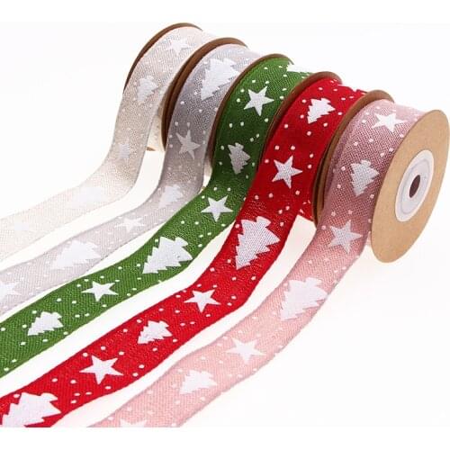 25mm*5m Christmas Printed Cotton Ribbons With Wire Edge for Gift Wrapping Flower Packing Home wedding Decoration Hair Bows DIY