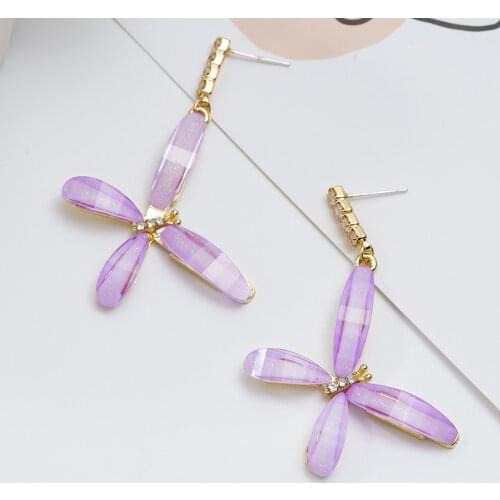Jaeeyin 2021 Trendy Resin Light Purple Flower Butterfly Gold Color Dangle Pendant Charm Glass Drop Eleganc Earring Accessory