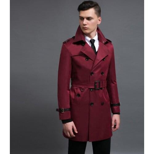 Classic Medium Long Mens Trench Luxury Cuff Leather Double Breasted Mens Jackets And Coats Plus 6xl Spring Autumn Man Trench