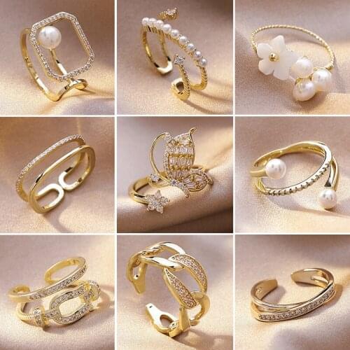 Gold Color Wide Finger Rings for Women Fashion Korean Style Rhinestone Flower Geometric Butterfly Rings Wedding Jewelry New C058